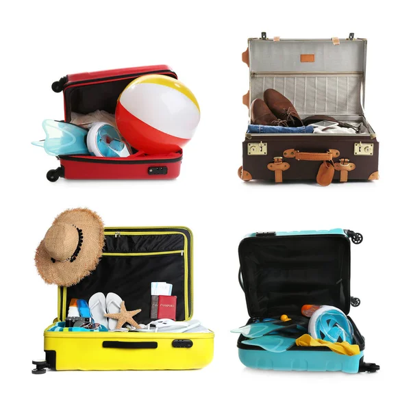 Set Different Suitcases Packed Travelling White Background — Stock Photo, Image
