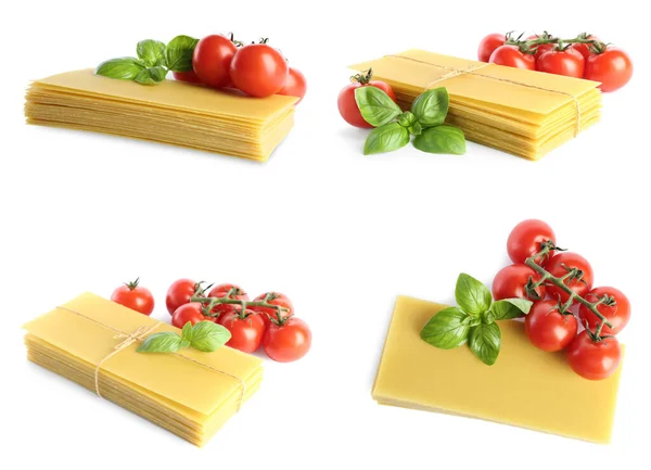 Set Con Pila Hojas Lasaña Crudas Tomates Albahaca Sobre Fondo —  Fotos de Stock