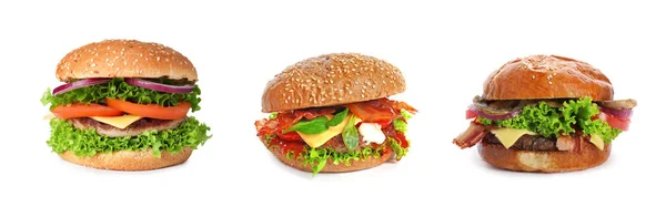 Sada Různých Lahodných Hamburgery Bílém Pozadí Návrh Nápisu — Stock fotografie