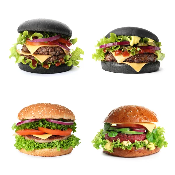 Set Van Verschillende Heerlijke Hamburgers Witte Achtergrond — Stockfoto