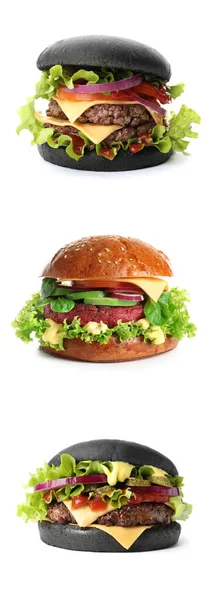 Set Van Verschillende Heerlijke Hamburgers Witte Achtergrond — Stockfoto