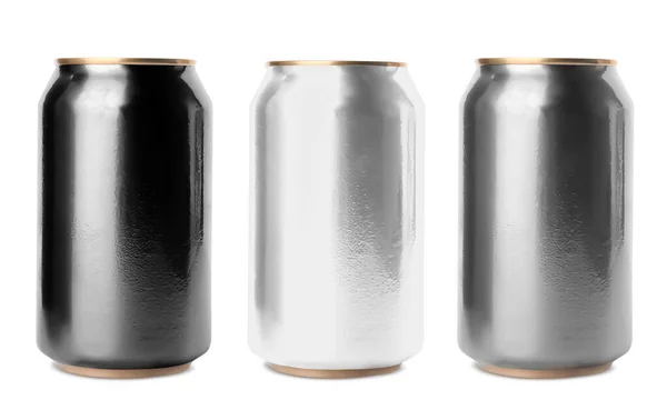 Set Met Verschillende Aluminium Blikjes Drank Witte Ondergrond — Stockfoto