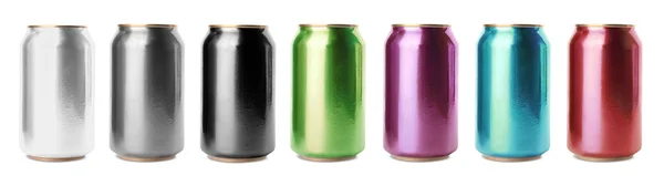 Set Colorful Aluminium Cans Beverage White Background Banner Design — Stock Photo, Image