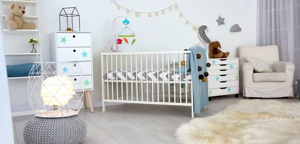 Baby Room Interior Comfortable Crib Banner Design — Stock Photo, Image