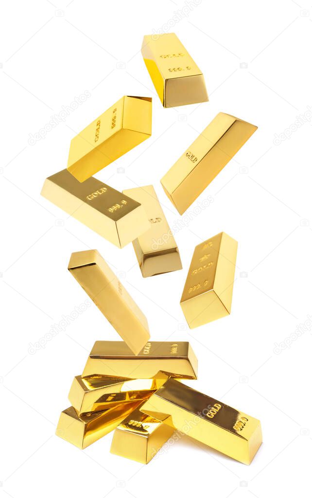 Shiny gold bars falling onto heap on white background