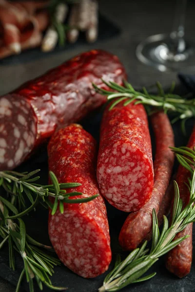 Different Types Sausages Rosemary Table Closeup — Stock Photo, Image