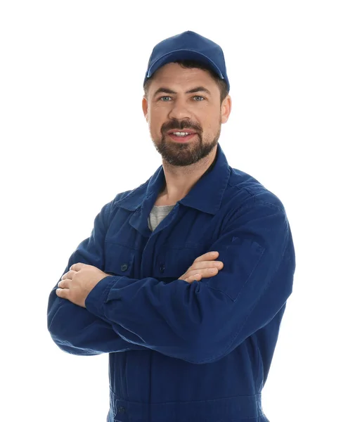 Porträt Des Professionellen Automechanikers Auf Weißem Hintergrund — Stockfoto