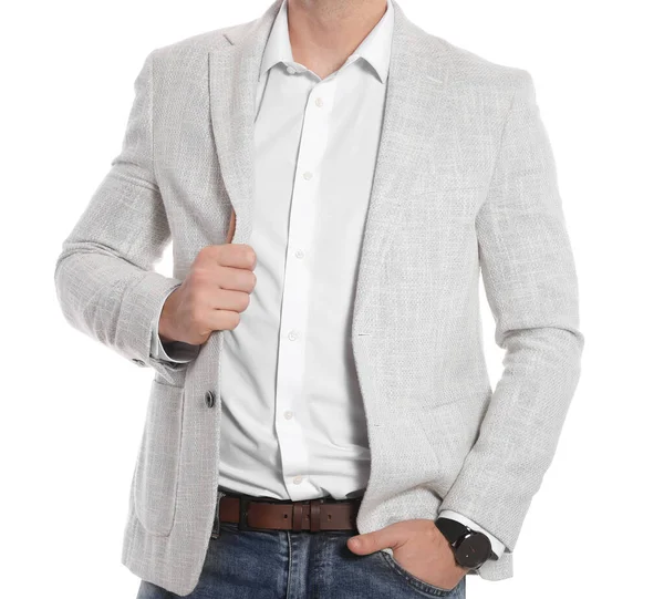 Geschäftsmann Jacke Posiert Auf Weißem Hintergrund Nahaufnahme — Stockfoto