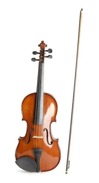 クラシックバイオリンと白を背景に弓 — ストック写真