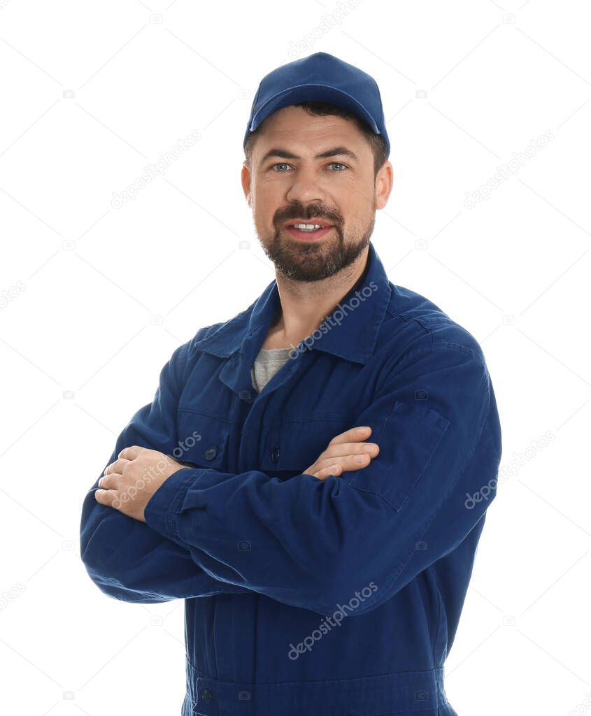 Portrait of professional auto mechanic on white background