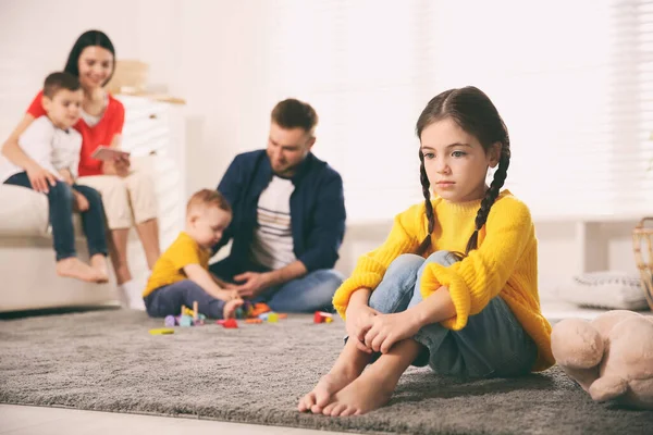 Unhappy Little Girl Feeling Jealous While Parents Spending Time Other — Stock Photo, Image
