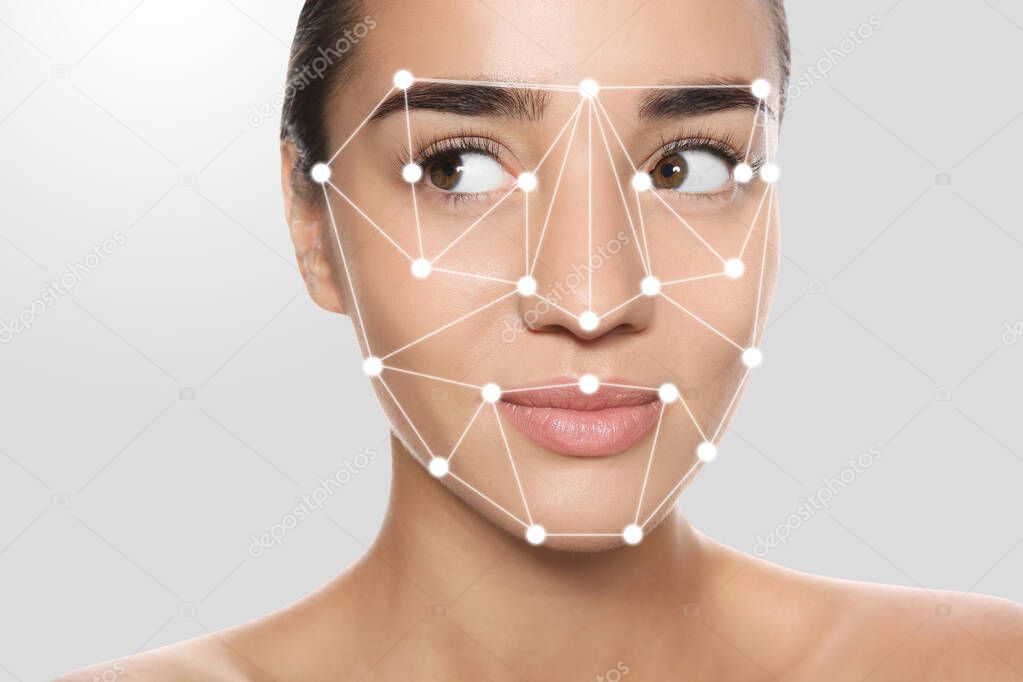 Facial recognition system. Woman with digital biometric grid on light background, closeup