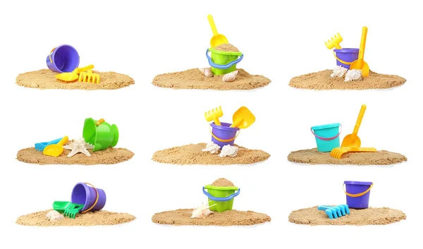 Sada Různých Plastových Plážových Hraček Bílém Pozadí — Stock fotografie
