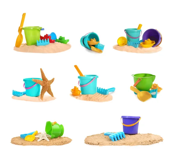 Conjunto Diferentes Brinquedos Praia Plástico Fundo Branco — Fotografia de Stock