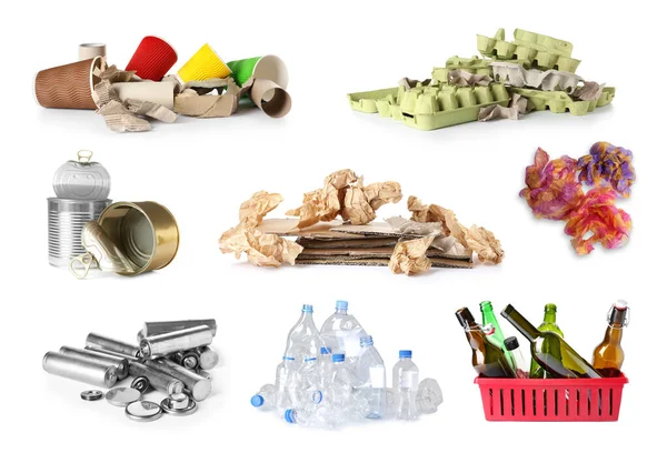 Σύνολο Σωρούς Διαφορετικά Σκουπίδια Λευκό Φόντο Διαχείριση Και Ανακύκλωση Αποβλήτων — Φωτογραφία Αρχείου