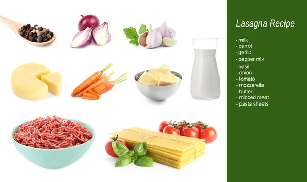 Set Met Verschillende Ingrediënten Witte Achtergrond Lasagne Recept — Stockfoto