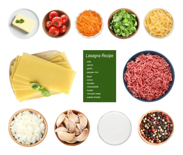 Комплект Различными Ингредиентами Белом Фоне Вид Сверху Рецепт Лазаньи — стоковое фото