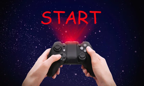 Woman Video Game Controller Word Start Night Sky Closeup — Stock Photo, Image