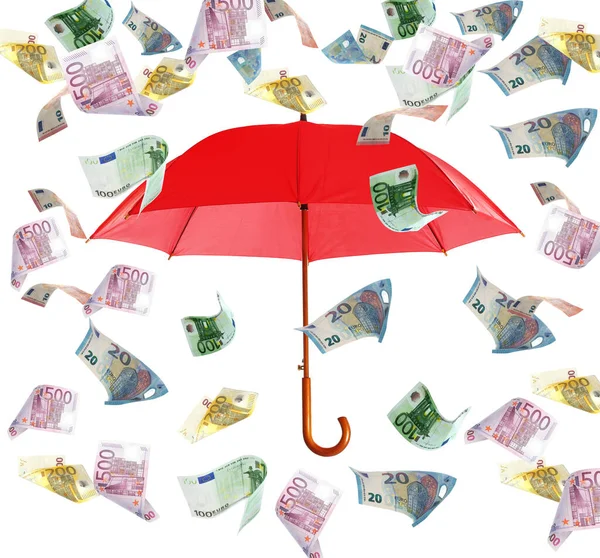 Düşen Euro Banknotları Beyaz Arka Planda Kırmızı Şemsiye Para Yağmuru — Stok fotoğraf