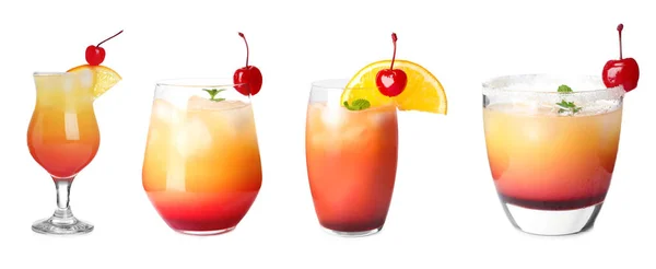 Set Tequila Sunrise Cocktail Verschiedenen Gläsern Auf Weißem Hintergrund Banner — Stockfoto