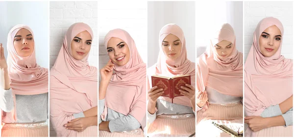 Koláž Fotografiemi Mladé Muslimské Ženy Různých Barevných Pozadích Návrh Nápisu — Stock fotografie