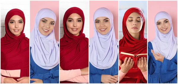Collage Con Fotos Mujeres Jóvenes Musulmanas Diferentes Fondos Color Diseño —  Fotos de Stock