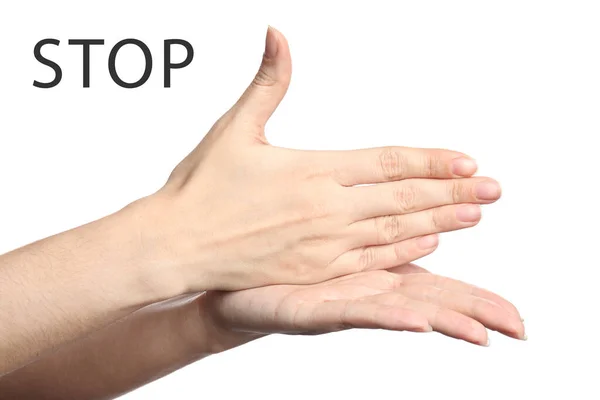 Kvinna Visar Ord Stopp Vit Bakgrund Närbild Amerikansk Teckenspråk — Stockfoto