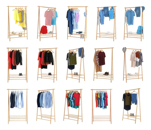 Uppsättning Garderob Rack Med Olika Kläder Vit Bakgrund — Stockfoto