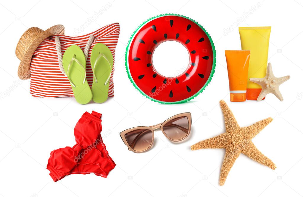 Set of different stylish beach objects on white background