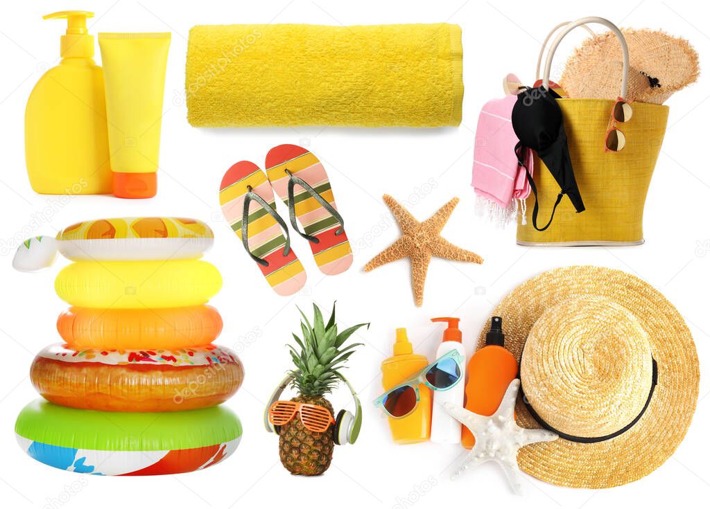 Set of different stylish beach objects on white background