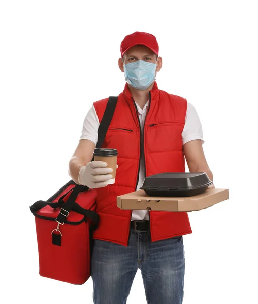 Kurier Schutzhandschuhen Und Maske Die Ordnung Auf Weißem Hintergrund Hält — Stockfoto