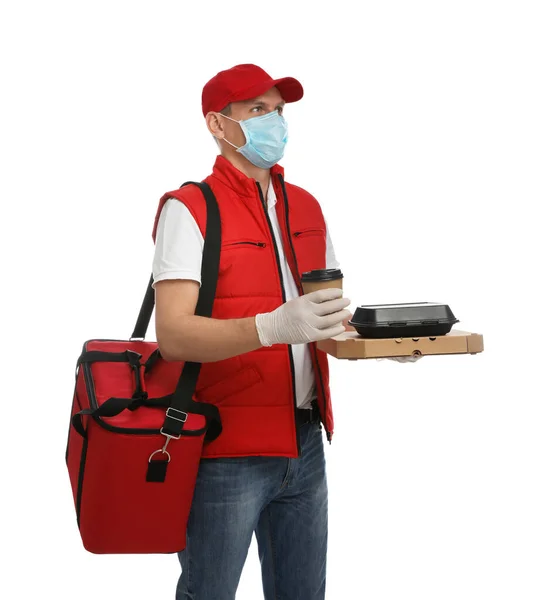 Courier Protective Gloves Mask Holding Order White Background Food Delivery — Stock Photo, Image