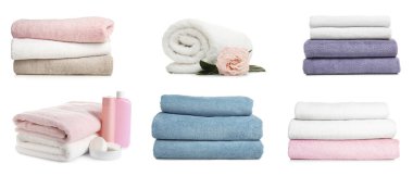 Beyaz arkaplanda temiz yumuşak havlu seti