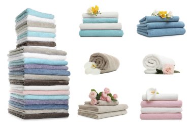 Beyaz arka planda temiz yumuşak havlular ve çiçekler.