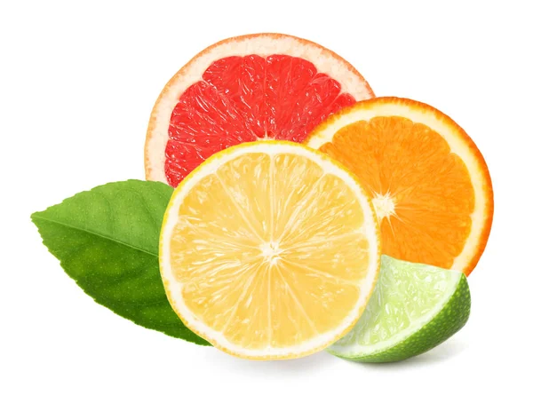 Různé Citrusové Plody Listem Bílém Pozadí — Stock fotografie