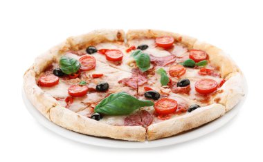 Diablo beyaz üzerine izole edilmiş sıcak lezzetli pizza.