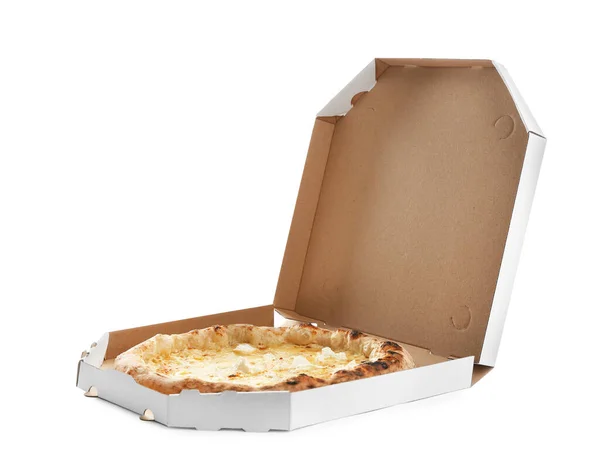 Вкусная Пицца Горячим Сыром Коробке Вынос Изолированы Белом — стоковое фото