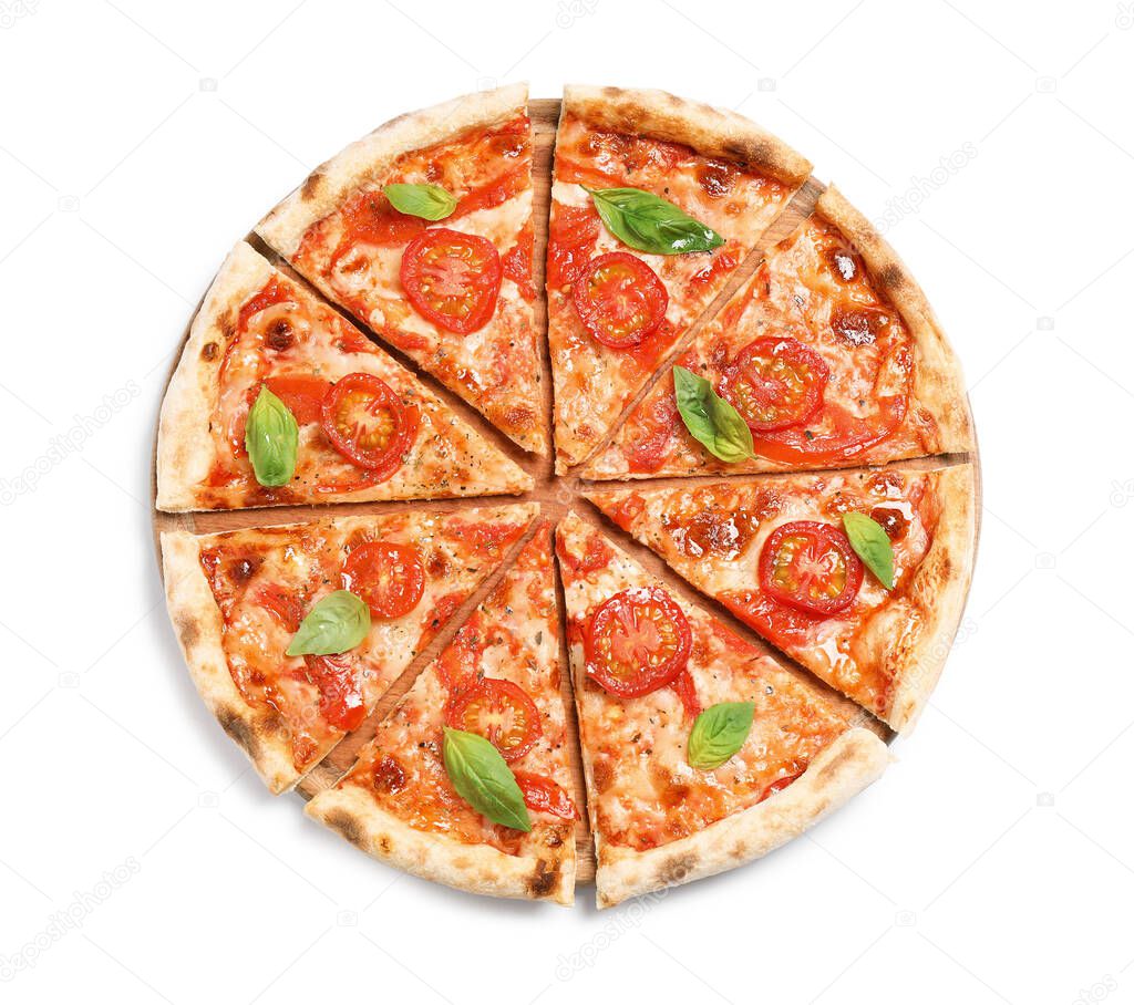 Delicious hot pizza Margherita isolated on white, top view