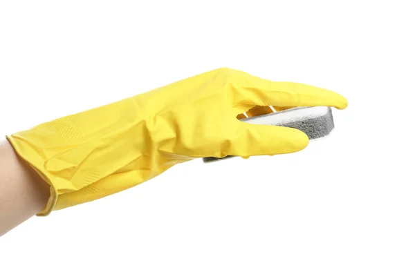 Человек Резиновой Перчатке Губкой Белом Фоне Крупным Планом Руки — стоковое фото