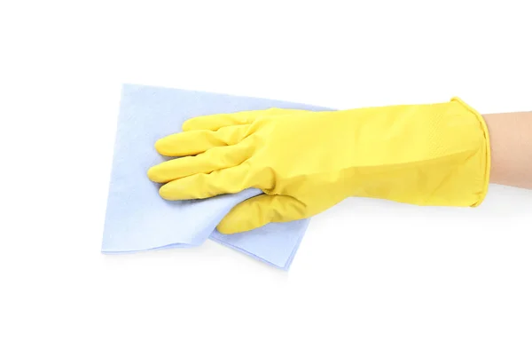 Person Rubber Glove Rag White Background Closeup Hand — Stock Photo, Image