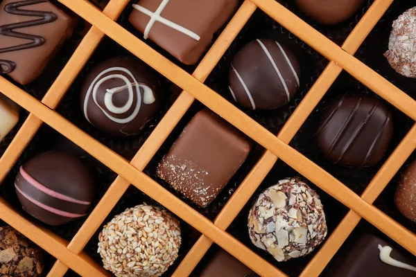 Box Different Chocolate Candies Background Top View — Stock Photo, Image