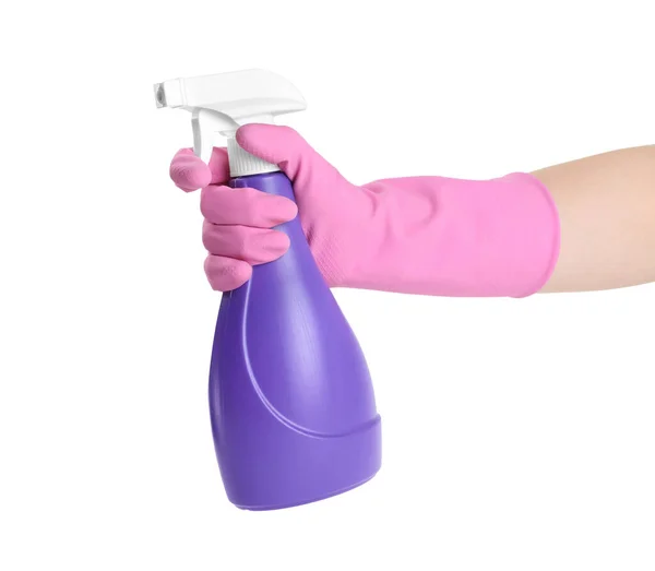 Vrouw Roze Rubberen Handschoenen Met Spray Wasmiddel Witte Achtergrond Close — Stockfoto