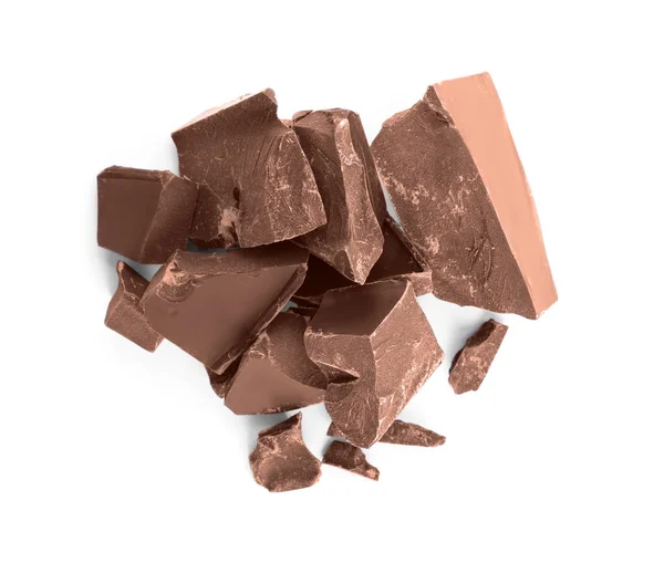 Шматочки Темного Шоколаду Ізольовані Білому Вид Зверху — стокове фото