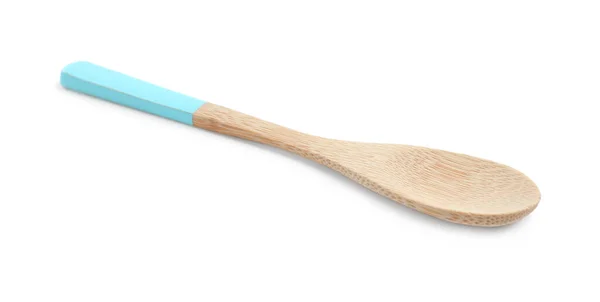 木制勺子 浅蓝色柄 白色隔离 — 图库照片