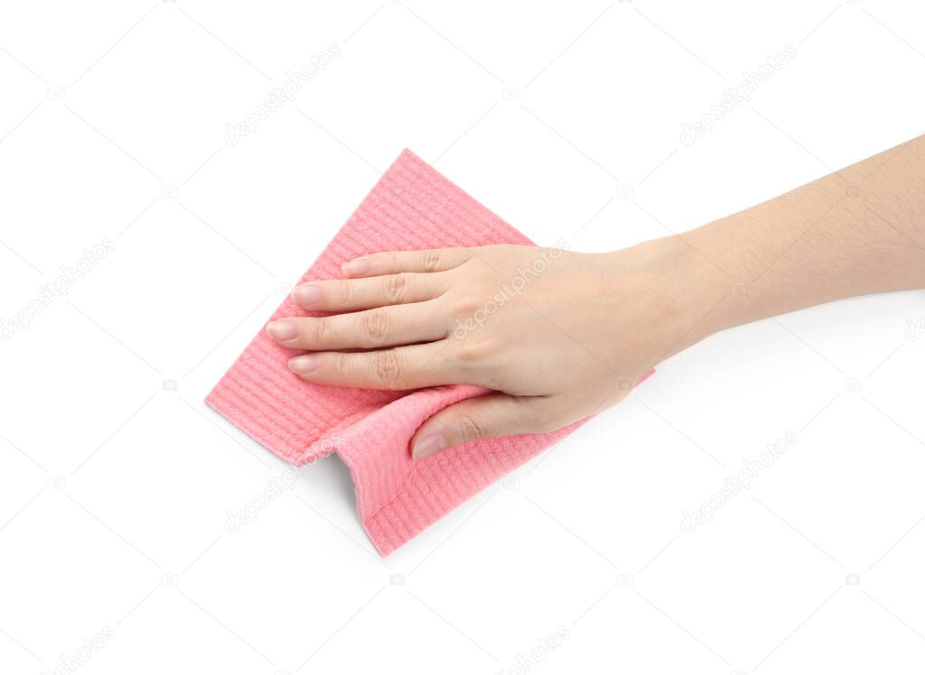 Woman with rag on white background, closeup of hand