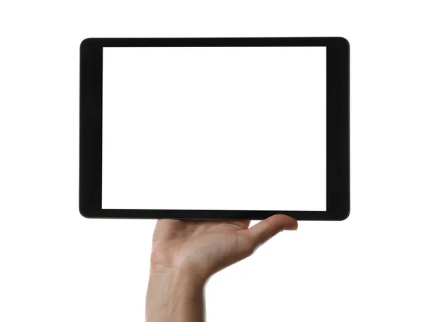 Woman Holding Tablet Computer Blank Screen White Background Closeup Modern — Stock Photo, Image
