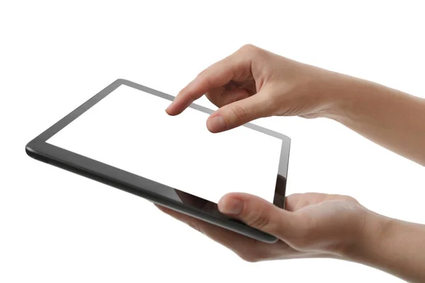 Woman Using Tablet Computer Blank Screen White Background Closeup Modern — Stock Photo, Image