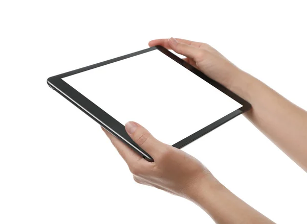 Woman Holding Tablet Computer Blank Screen White Background Closeup Modern — Stock Photo, Image