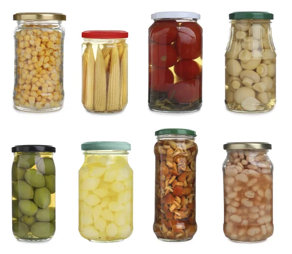 Set Aus Verschiedenen Gläsern Mit Eingelegtem Gemüse Und Pilzen Auf — Stockfoto
