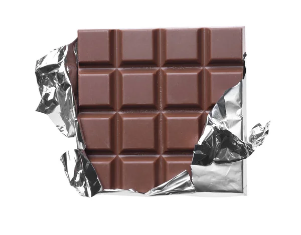 Вкусный Молочный Шоколад Завернутый Фольгу Изолированный Белом — стоковое фото